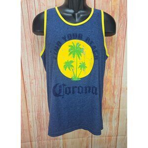 Corona Mens Graphic Tank Top Find Your Beach Design Navy Yellow Trim Size Large